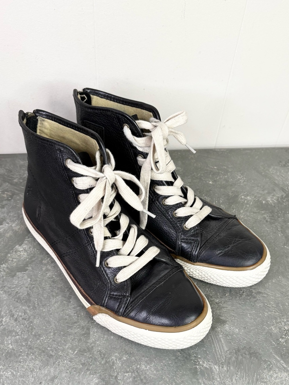 Frye greene black soft leather high-top trainers sneakers sz 8 zip back lace up